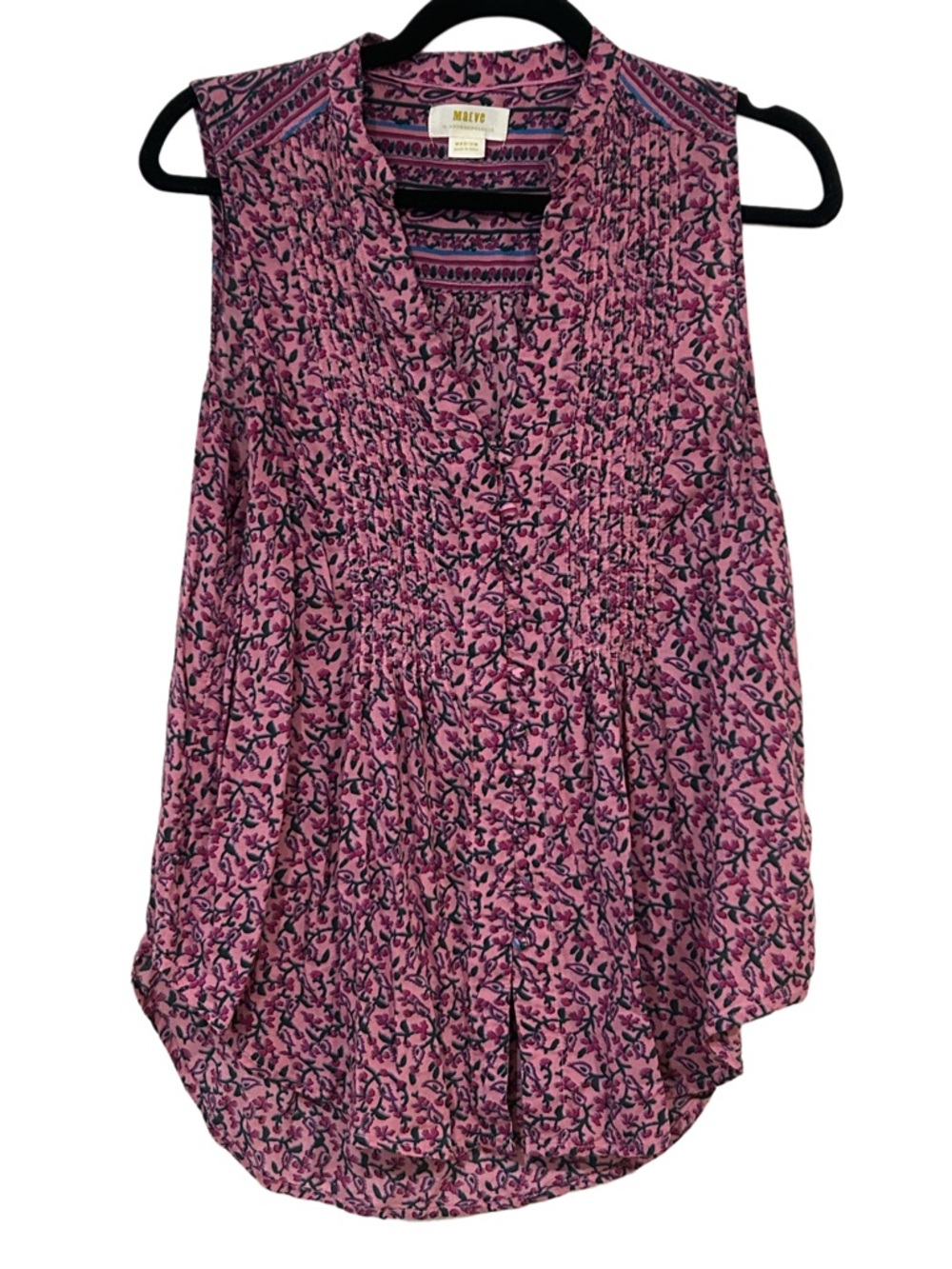 Maeve by Anthropology Pink Floral Smocked V-Neck Sleeveless Blouse